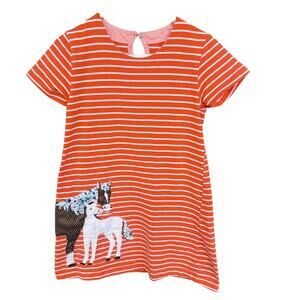 Striped Horse Applique Dress Girls Small Orange White Short Sleeve A-Line Casual